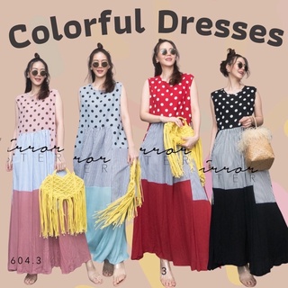 Anya Trio Kinds Sleeveless Dress เดรสแขนกุดตัดต่อผ้า 3 แบบ สวยเก๋สดใส ทรงเบสิคใส่ง่าย ใส่สบาย ช่วงบนใช้ผ้าลายจุด