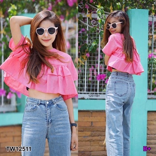 TW12511  เสื้อครอปคิ้วท์ๆ คอกลมแขนสั้น ดีเทลระบาย 2 ชั้น กระดุมหลัง  เนื้อผ้ามัสลินผ้าไม่หนาซักแล้วนิ่มมากใส่สบายค่า