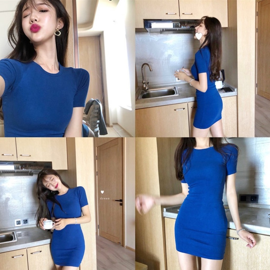 FC พร้อมส่ง มินิเดรสคอกลมแขนสั้นสีน้ำเงิน ทรงรัดรูป ผ้านิ่มยืดตามตัว