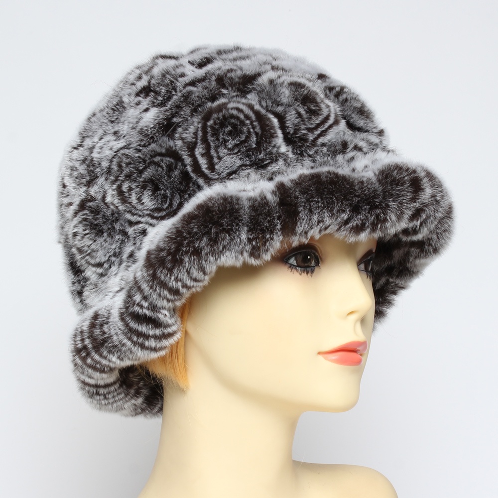 Winter Women Luxury Flowers Natural Real Rex Rabbit Fur Caps Lady ...