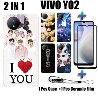 2 IN 1 เคสโทรศัพท์มือถือ เซรามิค กันรอยหน้าจอ ทรงโค้ง ลาย BTS สําหรับ VIVO Y02