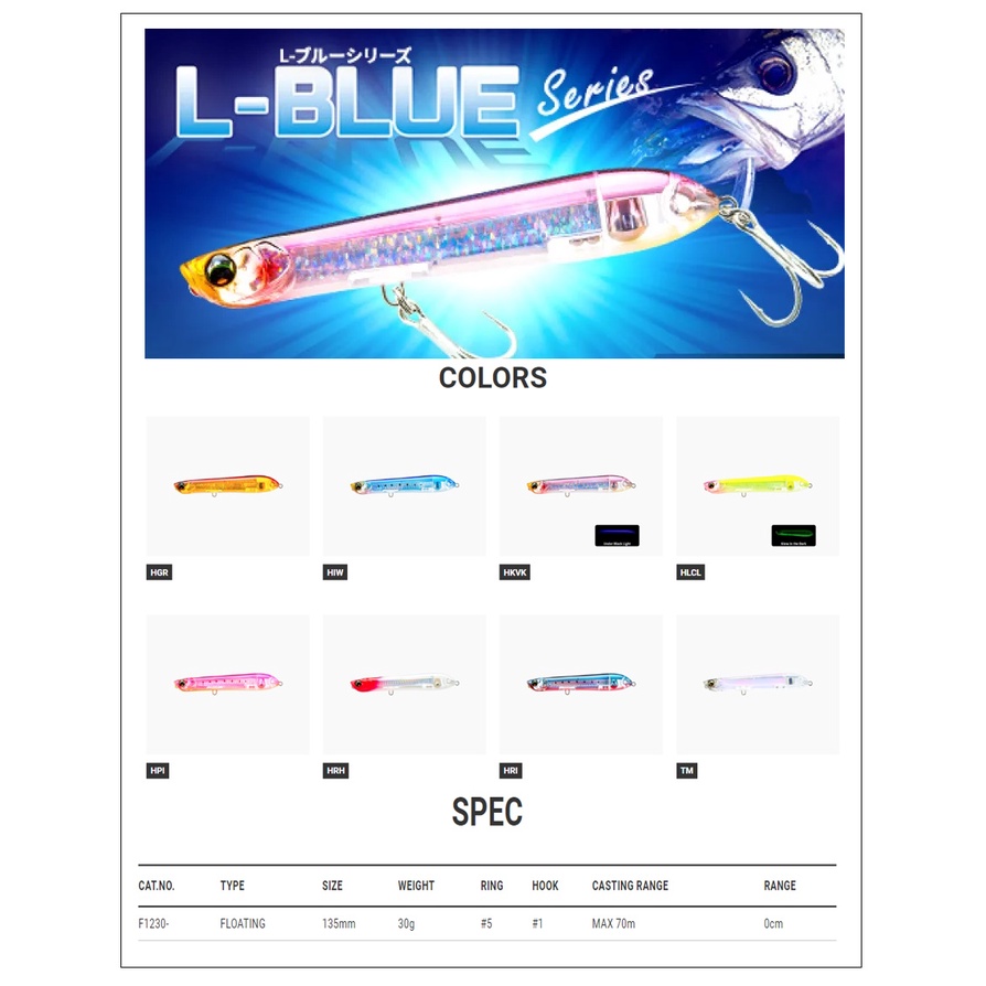 Duel L-Blue Spit Pencil 135F Floating Popper Lure เหยื่อตกปลา