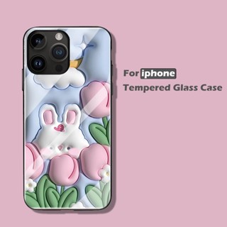 เคสโทรศัพท์มือถือกระจกนิรภัยแข็ง ลายกระต่ายน่ารัก 3D สําหรับ เคสไอโฟน Case iPhone 6S 7 8 Plus X XR XS Max 11 12 Pro Max SE2 13 MINI 14 Pro Max เคสโทรศัพท์