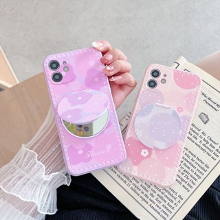 เคส OPPO A76 A54 A17 A16 A15S A15 A95 A94 A93 A74 A53 A33 A92 A52 A31 A12 A7 A9 A5S A5  Reno7Z 8Z Reno5 6 4G 5G Realme 5 5i Shockproof Silicone Romantic Flower Phone Case With Mirror Stand
