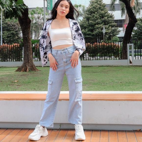 IMMEDIATELY SEND DEMORIN - กางเกงยีนส์คาร์โก้เอวสูงนําเข้าของผู้หญิงร่วมสมัย X56 Cargo