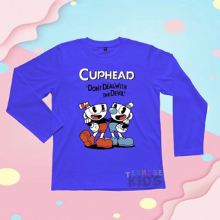 เสื้อยืดแขนยาว พิมพ์ลายตัวอักษรเกม "CUP HEAD" สําหรับเด็ก