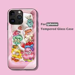 เคสโทรศัพท์มือถือกระจกนิรภัย แบบแข็ง ลายการ์ตูนสพันจ์บ็อบน่ารัก 3D สําหรับ เคสไอโฟน Case iPhone 6S 7 8 Plus SE2020 X XR XS Max 13 mini 14 Pro Max 11 12 Pro Max เคสโทรศัพท์