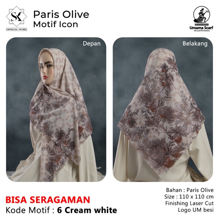 Elzata hijab Square Hijab Square Hijab Paris Olive Icon Motif LC Part 2 ผ้าพันคอ Umama - 6.ครีม ไวท์