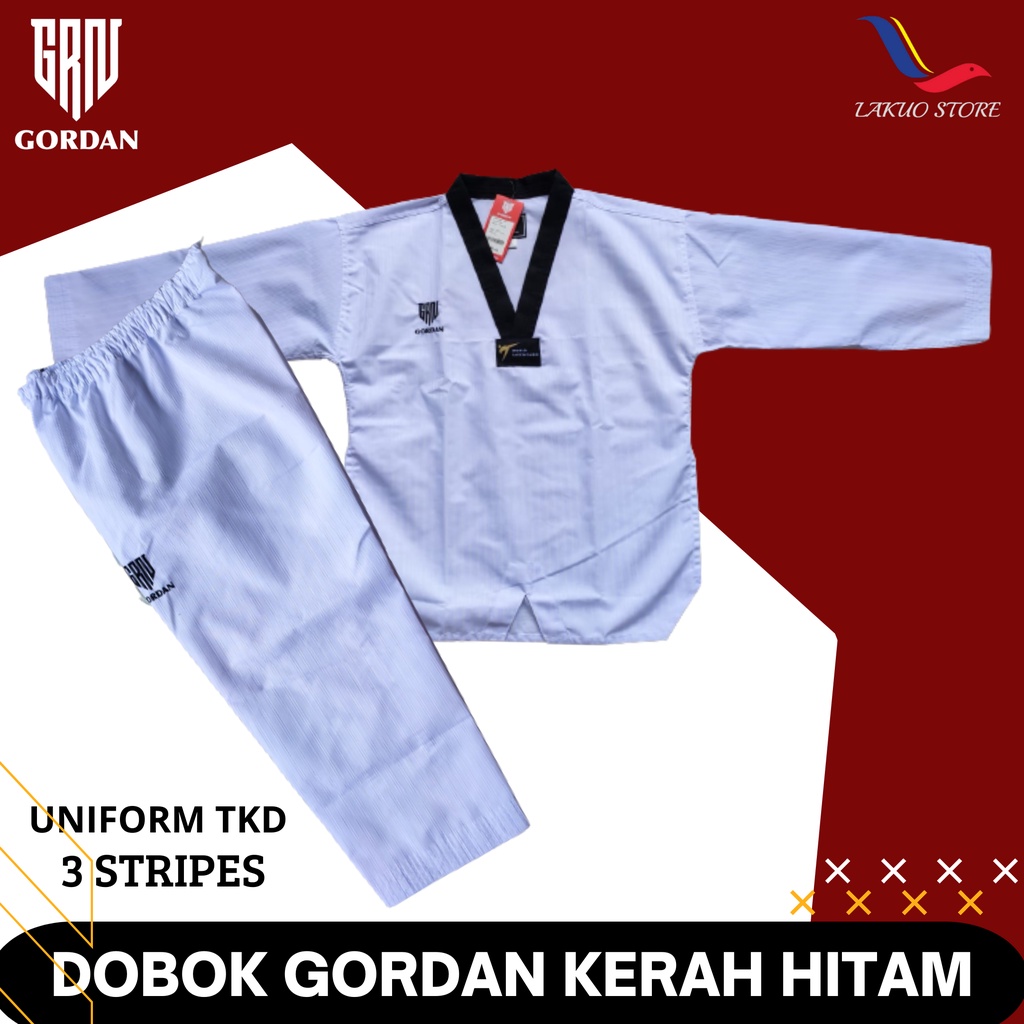 MERAH DOBOK GORDAN 3 STRIPES / TAEKWONDO UNIFORM RED BLACK COLLAR & BLACK COLLAR / TAEKWONDO DOBOK