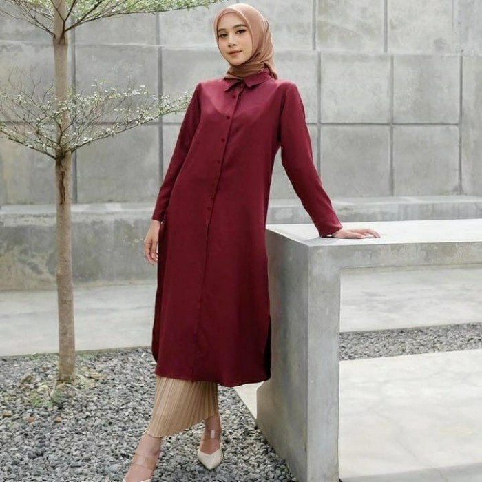 Nindy Long Tunic Dress Set Fit L - Maroon K8N2