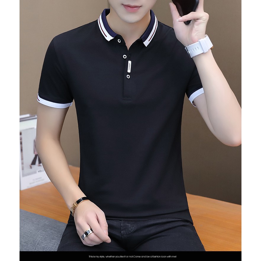 Haban Black Plain Distro Original Polo Button คอวีด้านบน