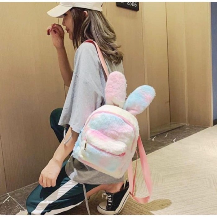 KOREAN WOMENS SCHOOL BACKPACK CUTE RABBIT MOTIF FUR BAG BUNNY BAGS - RAINBOW ELEGANT CURRET TRENDY N