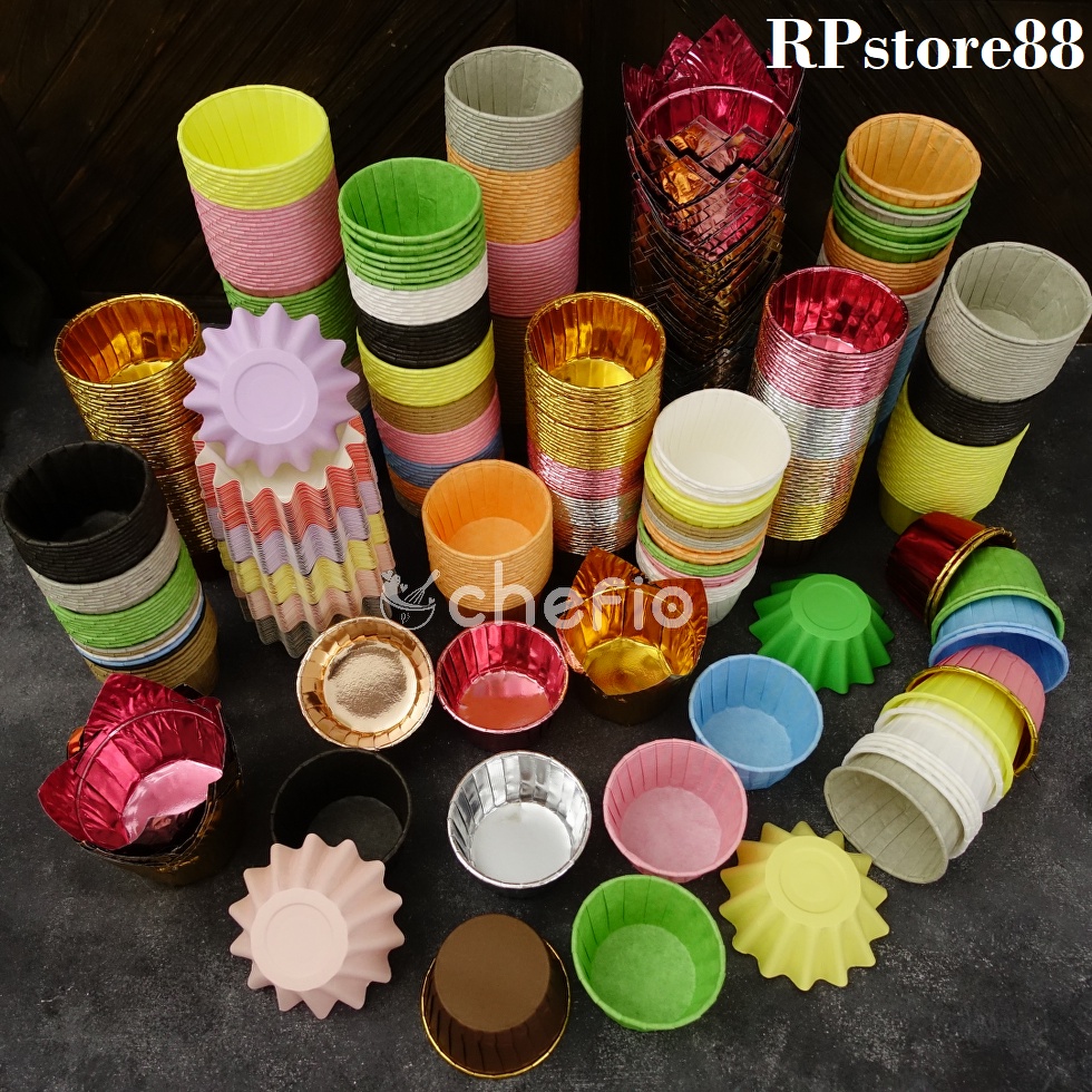 Chefio Cupcake Muffin Paper Cup Case อลูมิเนียมฟอยล์พาสเทลสีทอง