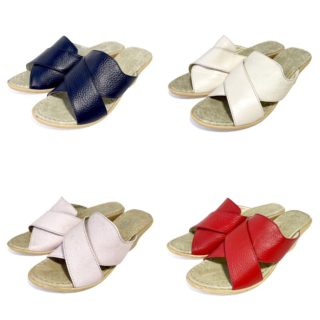 CUCI WAREHOUSE Womens Cross Leather Wedge Sandals 5cm 100% หนังวัวแท้ Garut