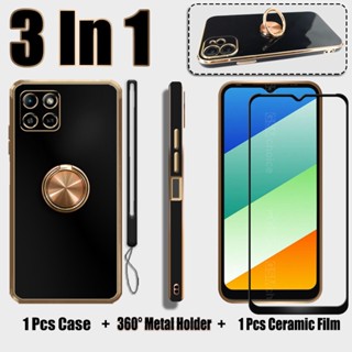 3 IN 1 เคสซิลิโคนนิ่ม ชุบไฟฟ้า พร้อมกระจกนิรภัยกันรอยหน้าจอ และ 360 องศา สําหรับ Infinix Smart 6 HD X6512°ขาตั้งแหวนโลหะ และสายคล้องซิลิโคน