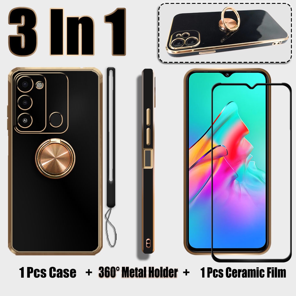 3 IN 1 เคสซิลิโคนนิ่ม ชุบไฟฟ้า พร้อมตัวป้องกันหน้าจอเซรามิค และแหวนโลหะ และสายคล้อง สําหรับ Tecno Sp