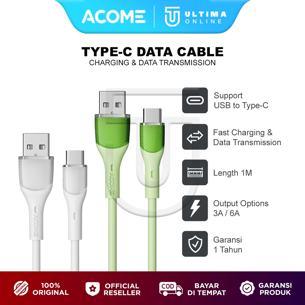 ACOME Type C Data Cable AVC-010S Super Fast Charging HP Charger 66W 6A 3A