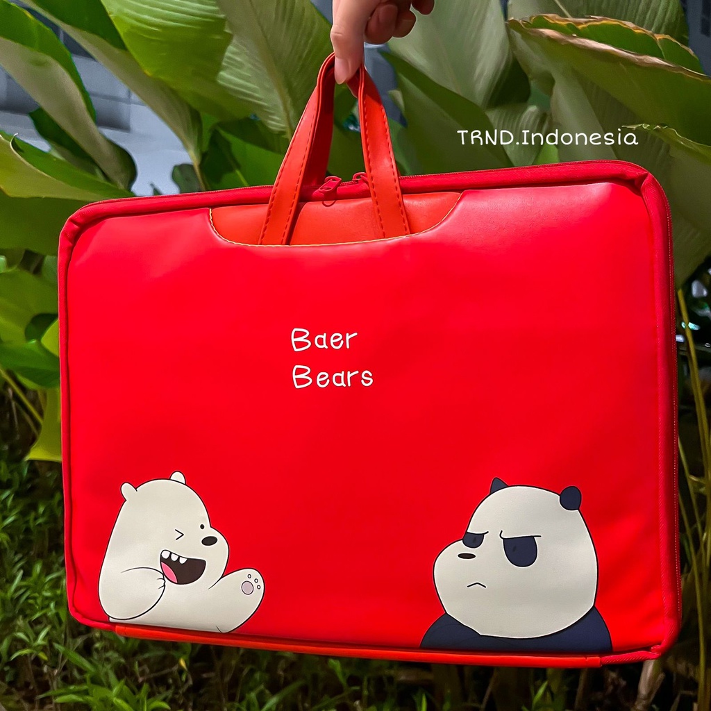 Merah Baer Bears กระเป๋าใส่แล็ปท็อป หนัง ลาย We Bare Bears กันน้ํา สีแดง สําหรับ Macbook Air Pro Asus Acer LB002 13 14 15.6 นิ้ว
