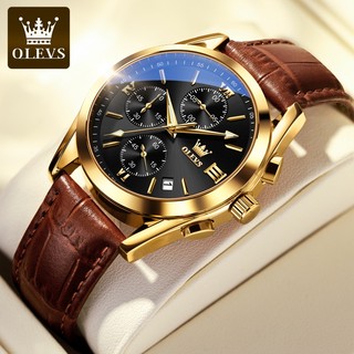 OLEVS Jam Tangan Pria Anti Air Original Kulit Asli LED Bisnis Multi-fungsi Otomatis Tanggal Chronograph Luminous Analog Quartz Watch 2872