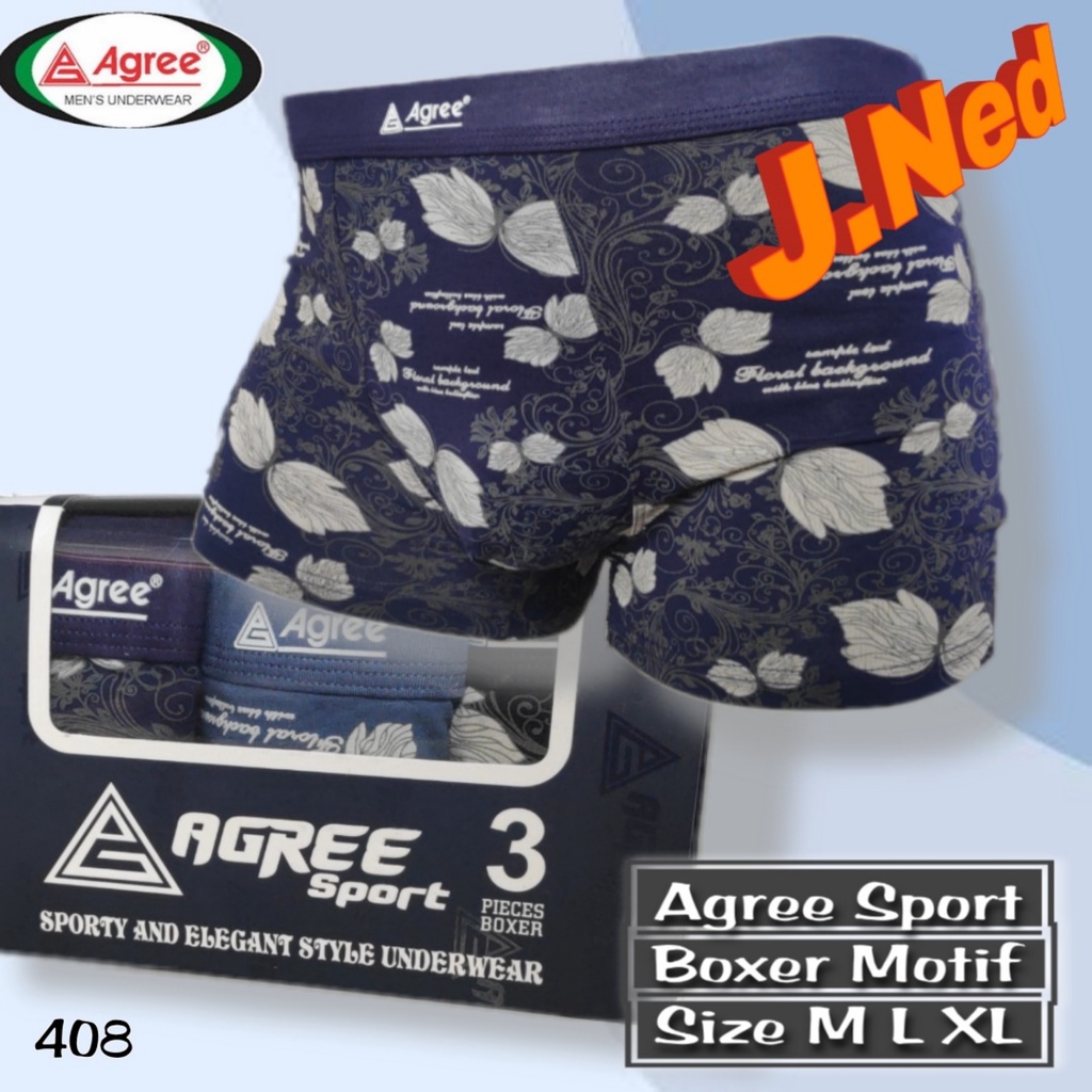 J408 (3 ชิ้น) Agree กางเกงบ็อกเซอร์ผู้ชายสําหรับผู้ใหญ่, Agree Mens Boxers Size M, L, XL