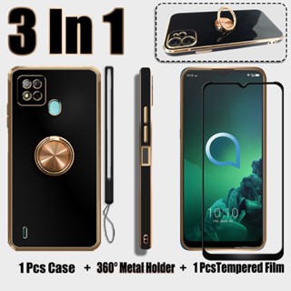 3 IN 1 เคสซิลิโคนนิ่ม ชุบไฟฟ้า พร้อมกระจกนิรภัยกันรอยหน้าจอ และ 360 สําหรับ Itel A57 A57 Pro°ขาตั้งแหวนโลหะ และสายคล้องซิลิโคน