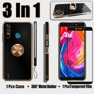 3 IN 1 เคสซิลิโคนนิ่ม ชุบไฟฟ้า พร้อมกระจกนิรภัยกันรอยหน้าจอ และ 360 สําหรับ Itel A56 A56 Pro°ขาตั้งแหวนโลหะ และสายคล้องซิลิโคน