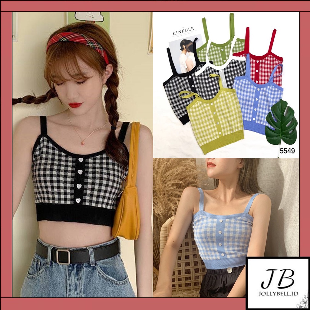 •Jollybell.id•BJ999 เสื้อกล้ามครอปลายตารางหมากรุกผู้หญิงเกาหลี Square Knit Tanktop แฟชั่นเกาหลี