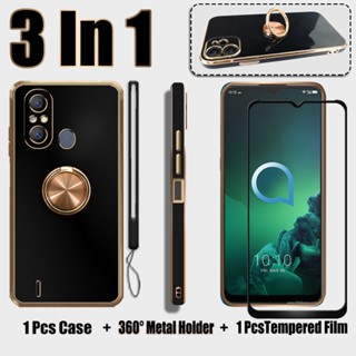 3 IN 1 เคสซิลิโคนนิ่ม ชุบไฟฟ้า พร้อมกระจกนิรภัยกันรอยหน้าจอ และ 360 องศา สําหรับ Itel A58 A58 Pro A49°ขาตั้งแหวนโลหะ และสายคล้องซิลิโคน