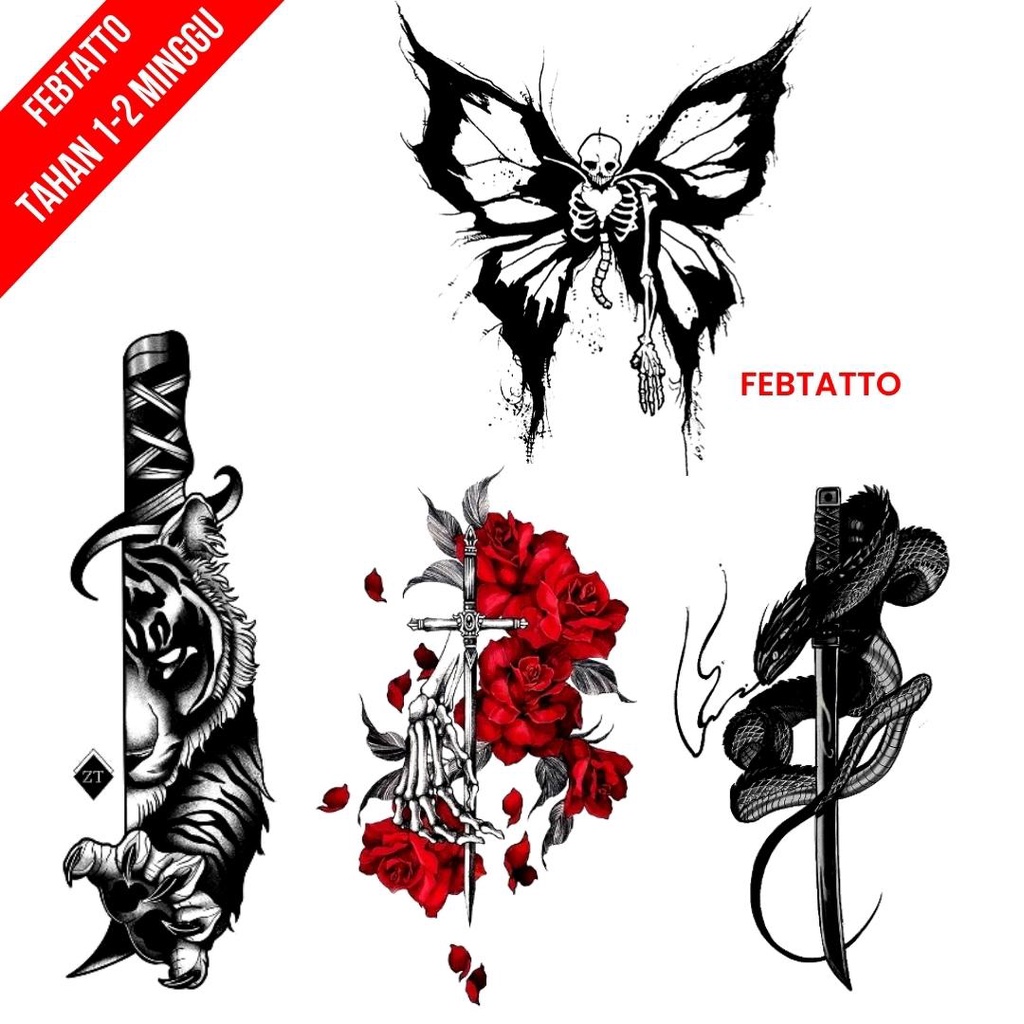 MERAH Basic Tattoo Lasts 5-7 วันชั่วคราว Tattoo Snake Tiger ดอกไม้สีแดงขนาดเล็ก Tattoo Butterfly Tat