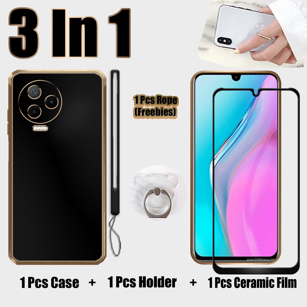 3 IN 1 เคสโทรศัพท์มือถือ ซิลิโคนนิ่ม ชุบไฟฟ้า พร้อมกระจกนิรภัยโค้ง และที่จับ สําหรับ Infinix Note 12