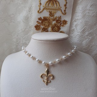 ♥ เครื่องประดับ รูปแอมเมลบี้ สไตล์เกาหลี ♥ Fleur De Lis โช้กเกอร์ ประดับไข่มุก สีทอง