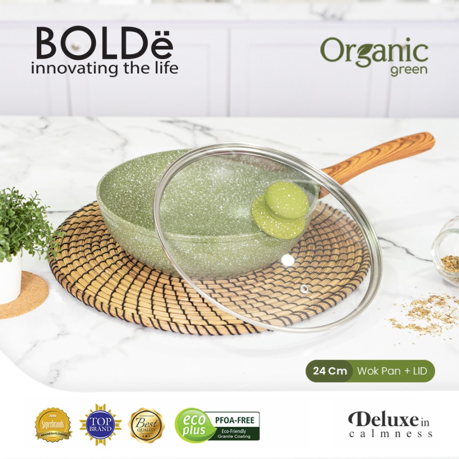 BOLDe ORGANIC GREEN WOK PAN (WAJAN) 24 CM + ฝาแก้ว - SUPER PAN GRANITE SERIES WOK FRYING PAN 24CM