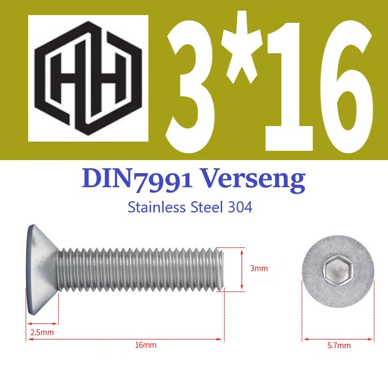 Flat L Bolt M3 x 16 Verseng Flat Head Hex Stainless Steel BV316