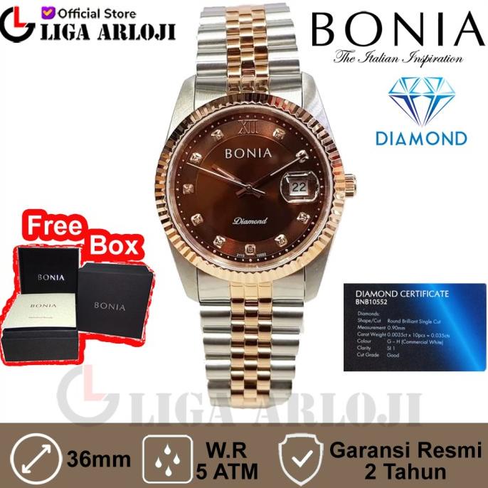 Save Bonia Bnb10552-1643 นาฬิกาข้อมืออะนาล็อก ประดับเพชร สีน้ําตาล สําหรับผู้ชาย 36 มม.