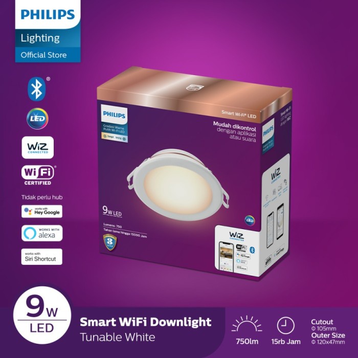 Putih [สมาร ์ ท ] Philips Smart Wifi Led Downlight 9W 9W ปรับแต ่ งได ้ สีขาว สีขาว [Lamp ]
