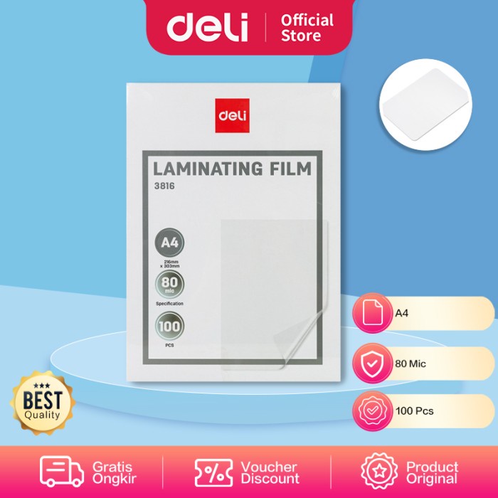 Deli Laminator Film ฟิล์มเคลือบบัตรพลาสติก A4 100 ชิ้น E3816