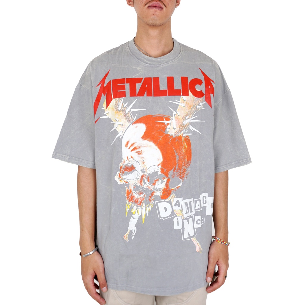 Kkontener Metallica Damage, Inc. เสื้อยืดโอเวอร์ไซส์สีเทา เสื้อยืด