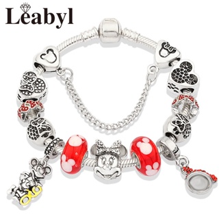 Leabyl สไตล์ใหม่ สร้อยข้อมือลูกปัดแก้ว สีแดง รูปการ์ตูนมิกกี้ มินนี่ หัวใจ โบ เครื่องประดับ