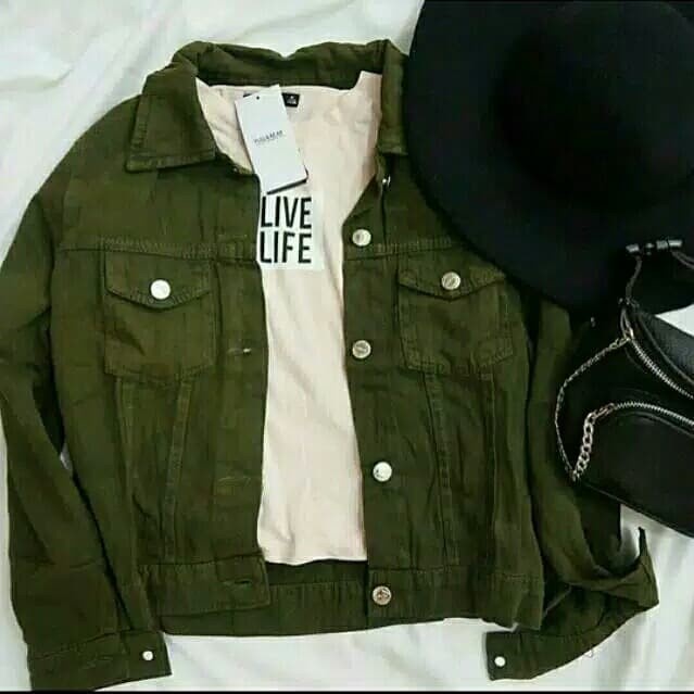 Hijau [แจ็คเก็ตยีนส์ ARMY Ro] เสื้อแจ็คเก็ตผู้หญิง ARMY GREEN JEANS