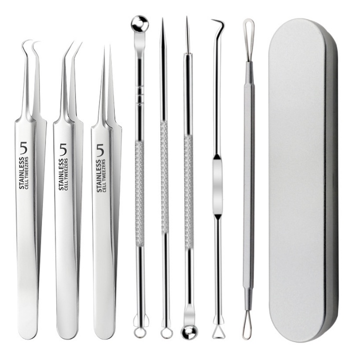 8PCS Stainless Steel Acne Extractor Remover Kit Blackhead Blemish Remove Pimple Needles Treatment Face Skin Care Tools