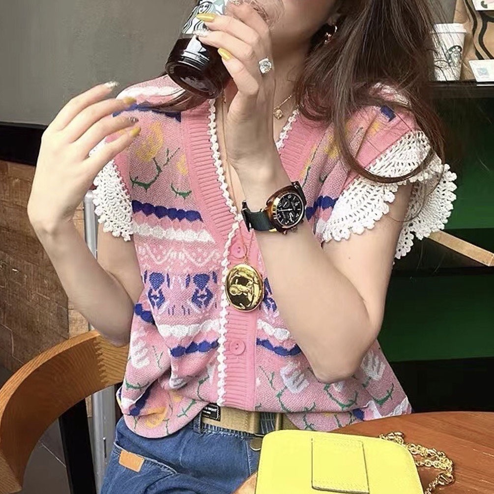 BLOUSE VEST SWETER KNIT VEST PINK V NECK LINEN ลูกไม้เกาหลีนําเข้า