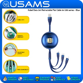 Usams สายเคเบิลข้อมูล 3in1 ยืดหดได้ แบน 1 เมตร U69 สีฟ้า