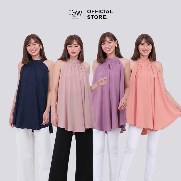C2W Clothtowear Halter คอหลวมผู้หญิงแขนกุดทุกขนาดซาตินเสื้อผ้าผู้หญิง 2 ชั้นด้านบน 760-WLP