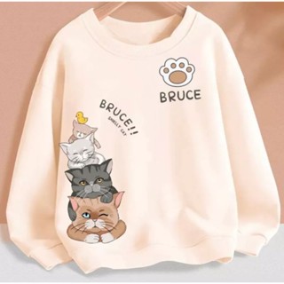Bruce CAT เสื้อกันหนาว พิมพ์ลายแมวน่ารัก ขนาดใหญ่ | เสื้อกันหนาว คอกลม ลายน่ารัก สไตล์เกาหลี สําหรับผู้หญิง | เสื้อกันหนาว ขนาดใหญ่