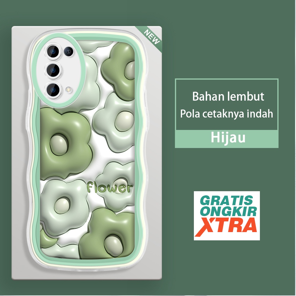 HP HIJAU Jinouwe OPPO Reno 3 4 4F 5 6 7 8 Z 5G 4G เคสโทรศัพท์รูปแบบดอกไม้สีเขียว 3D สีสันขอบคลื่นเคส