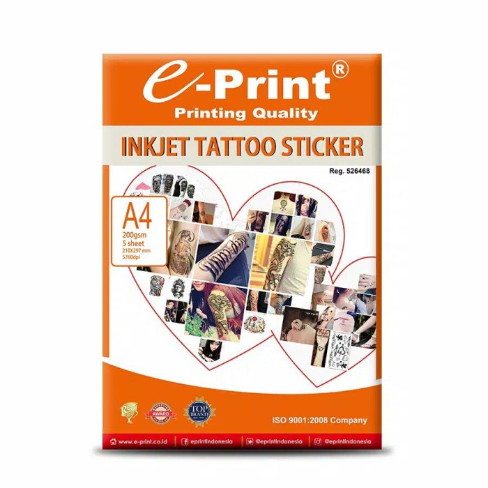 A4 200Gsm Eprint กระดาษสติ๊กเกอร์สักอิงค์เจ็ทชั่วคราว