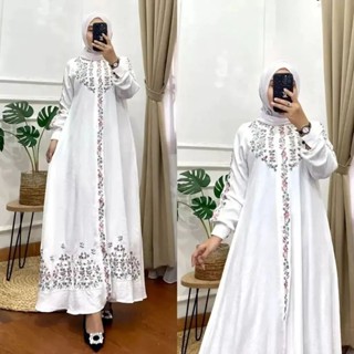 Gamis DRESS NJ M L XL XXL ชุดเดรสสั้น ปักลายอิฐ สีขาว สไตล์เกาหลี สําหรับสตรีมุสลิม เหมาะกับงานปาร์ตี้