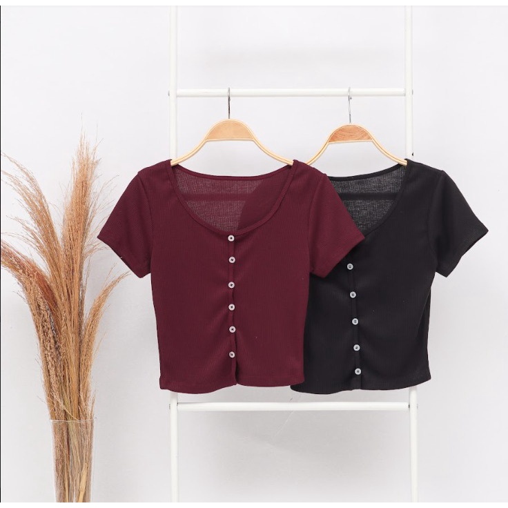 Slim-fit Button Rib-Knit Crop Women 'S Top Sleeve Deck 1558 (S-Xl )
