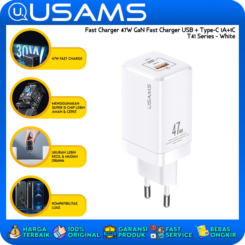 USAMS Fast Charger 47W GaN Fast Charger USB + Type-C 1A+1C T41 สีขาว