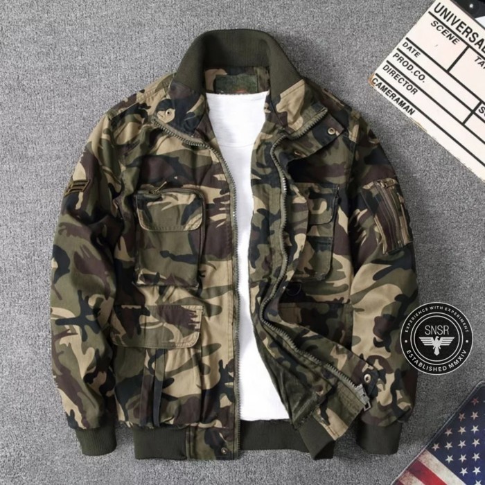 Military Bomber Jacket Mens Us Army Jacket Camo Canvas Camouflage Jacket - Mocca, L